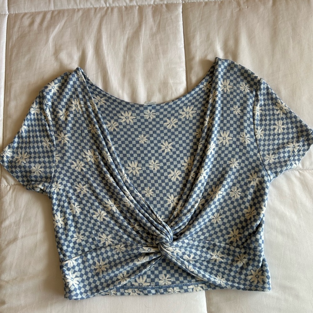 Blue and White Checkered Knot Front Top